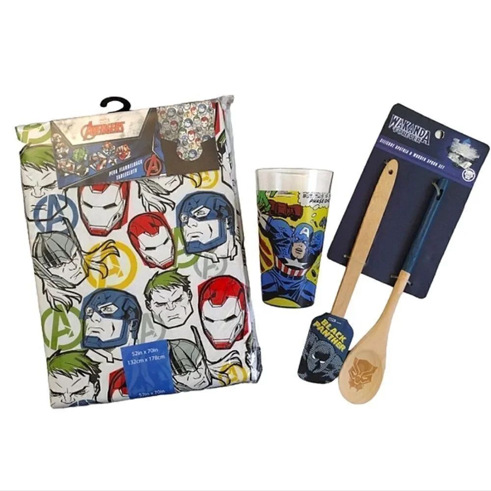 Marvel Avengers Tablecloth Y2K Glass Tumbler and Spatula Set Lot NWT